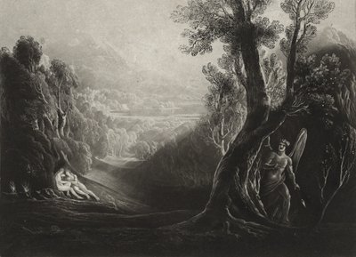 サタンは熟考し、パラダイスでイブ、c.1827（メゾチント） 作： John Martin