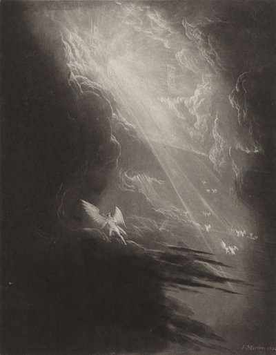 天国への上昇を見るサタン、c.1827（メゾチント） 作： John Martin