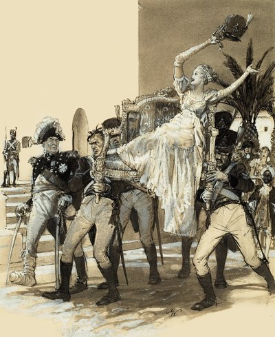 兵士に運ばれる少女（紙にグワッシュ） 作： John Millar Watt