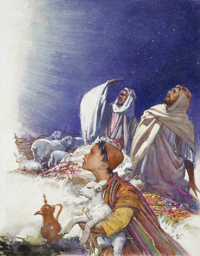 クリスマスの物語羊飼い物語（グワッシュ、紙） 作： John Millar Watt