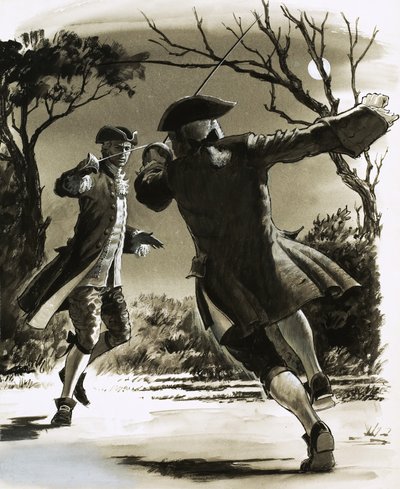 月明かりの中で剣を交える正体不明の男たち 作： John Millar Watt