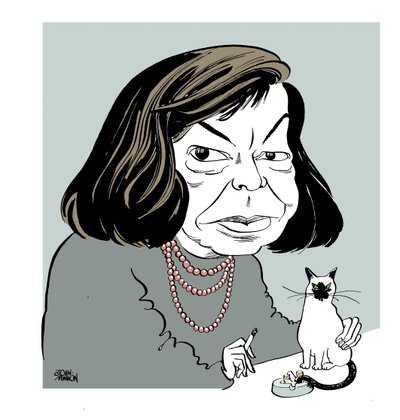 パトリシア・ハイスミス - 愛猫とタバコを吸う風刺画 作： John Minnion
