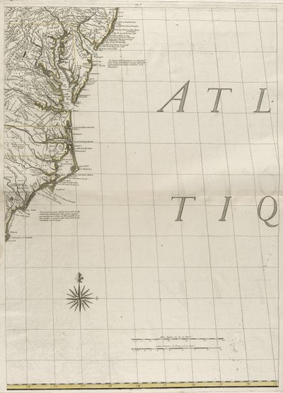1756年のアメリカのイギリス領とフランス領の地図（紙にアウトラインの色を刻印） 作： John Mitchell