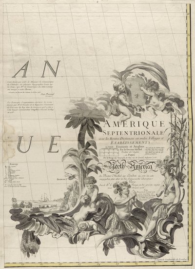 1756年のアメリカのイギリス領とフランス領の地図（紙にアウトラインの色を刻印） 作： John Mitchell