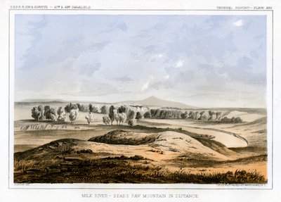 ベアーズポーマウンテンが遠くにあるミルクリバー、モンタナ州、1856年。 作： John Mix Stanley