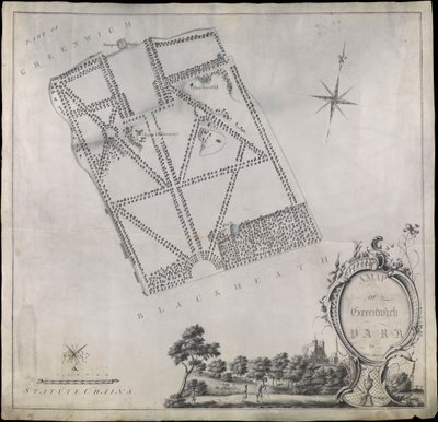 王立天文台、ワン・ツリー・ヒル、レンジャー・ハウスを示すグリニッジ公園の平面図 作： John Morton