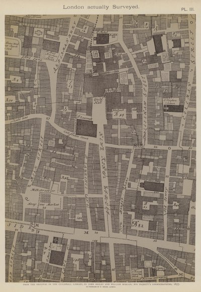 ギルドホールの位置を示すシティ・オブ・ロンドンの一部の地図 作： John Ogilby