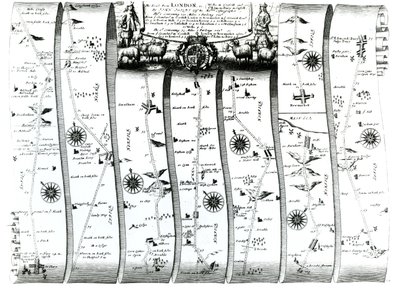 ロンドンからウェルズとベリーセントエドマンズへの道、オギルビーの「ブリタニア」、1675年（彫刻） 作： John Ogilby