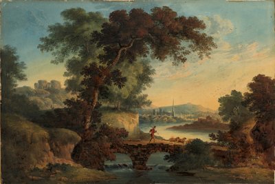 城と橋のある風景、1808-20年頃（グワッシュと水彩） 作： John Oldfield
