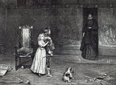 ゴールデンルームでのダービー伯爵夫人の登場、1888年の「レジャーアワー」からのスコットの「ピークのペヴェリル」のシーン 作： John Pettie