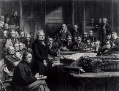 1860年の庶民院：フランスとの条約に関する討論中にパーマストン卿が上院で演説した、1863年のフォークナーの彫刻（42219および107821も参照） 作： John Phillip