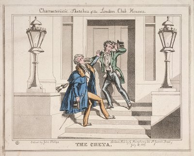 1829年、ロンドンのクロックフォード・クラブの階段にいる2人の酔っぱらいの眺め 作： John Phillips