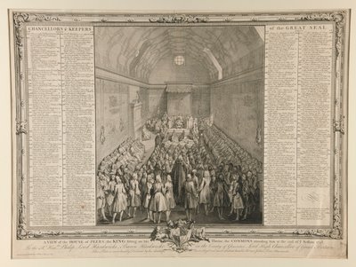 貴族院の眺め、玉座に座る国王、セッション 1741/2 の終わりに彼に付き添う庶民 作： John Pine