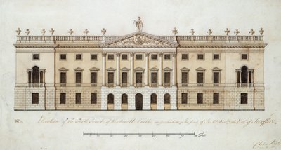 ウェントワース城、南正面のデザイン、1760年頃（ペンとインク、紙に水彩） 作： John Platt
