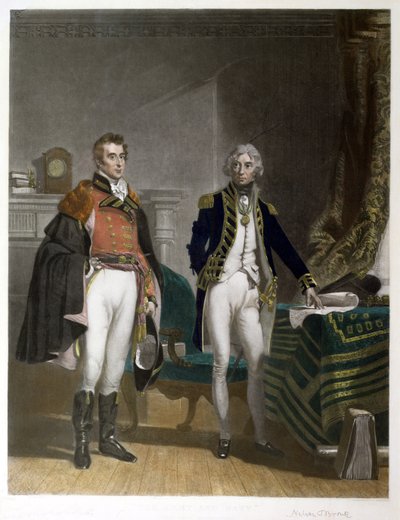 サー・アーサー・ウェルズリー少将とホレイショ・ネルソン中将の会談、1805 年 9 月、サミュエル・ウィリアム・レイノルズ (1794-1872) によって刻印、パブ。 A.J. アイザックス 作： John Prescott (after) Knight