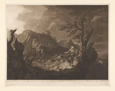 崖の端に吟遊詩人がいる嵐の風景 作： John Raphael Smith