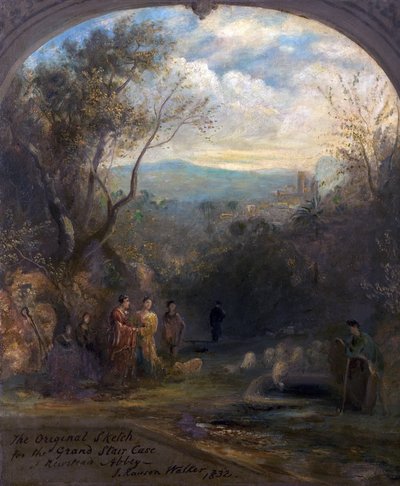 1832年にノッティンガムシャーのニューステッド修道院にある大階段のオリジナルスケッチ 作： John Rawson Walker