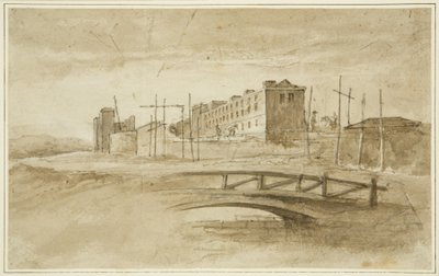 建設中の新刑務所、ハーフォード橋から見て、1820年頃（紙に鉛筆と水彩画 作： John Reverend Eden