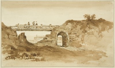 新監獄の反対側にあるコロネーション・ロードの仮設橋、1821年頃（紙に鉛筆とセピアウォッシュ 作： John Reverend Eden