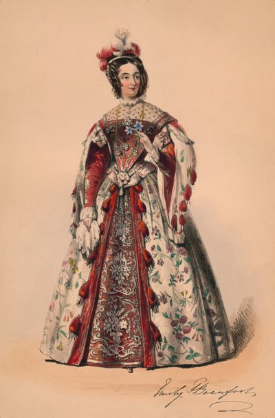 1842年、1843年5月12日、ビクトリア女王バルコスチュームの衣装を着たビューフォートのエミリー公爵夫人。 作： John Richard Coke Smyth