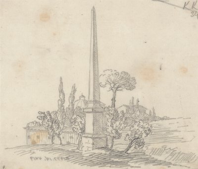 遠くに屋根と木々が見えるオベリスク 作： John Robert Cozens