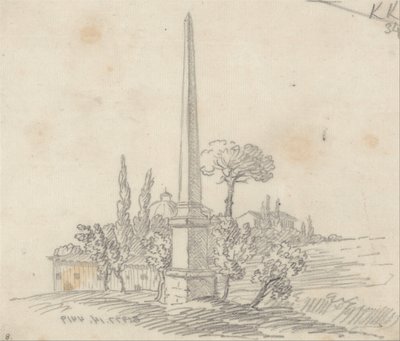 屋根と樹木が遠くに見えるオベリスク 作： John Robert Cozens