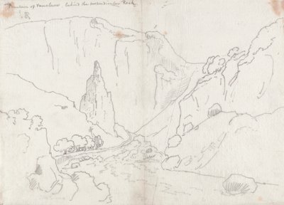 垂直岩の背後にあるヴォクリューズの噴水 作： John Robert Cozens