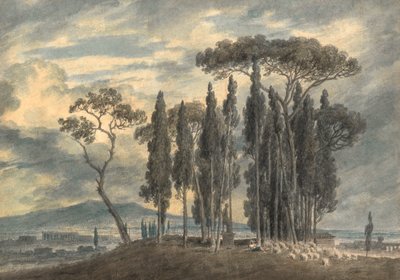 ローマのヴィラ ネグローニの庭園で (鉛筆と水彩、スクラッチ アウト) 作： John Robert Cozens
