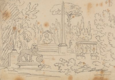 庭園のオベリスクと彫像 作： John Robert Cozens