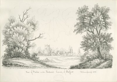ニードウッド村の下のバートン：ペンとインクの描画、1836年 作： John Robert Fernyhough