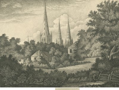 リッチフィールド大聖堂-ノースイーストビュー：ペンとインクの描画、1835 作： John Robert Fernyhough