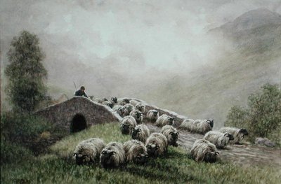ハイランドブリッジと羊飼いと群れ（水彩・紙） 作： John Robert Keitley Duff