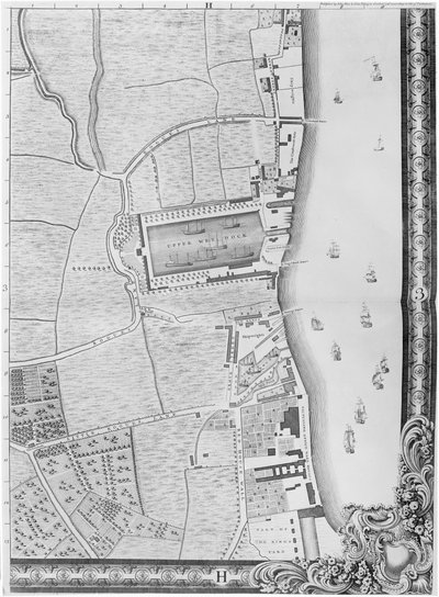 下ロザハイスドックの地図、ロンドン、1746年（彫刻） 作： John Rocque