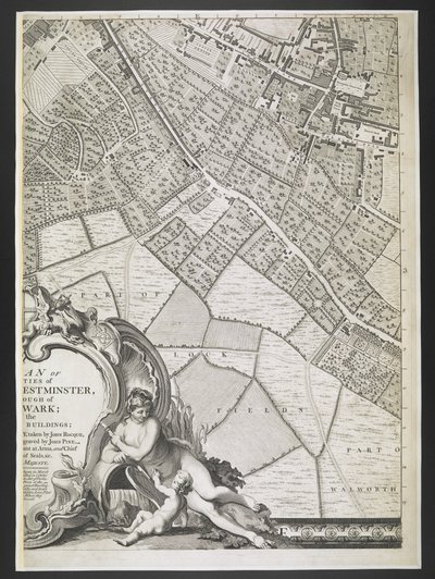 ロンドンの平面図、閘門の一部、  ロンドンとウェストミンスターの都市、およびサザークの自治区の計画。 : 隣接する建物と; 実測より / JOHN ROCQUE, Land-Surveyor, and Engraved by John Pine,  ジョン・ロック 作： John Rocque
