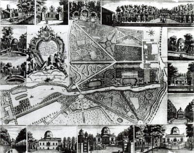 テムズ川沿いのチズウィックでの庭園の計画と住宅の眺め 作： John Rocque