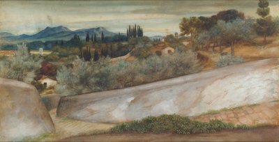村とオリーブの木立のあるトスカーナの風景 作： John Roddam Spencer Stanhope