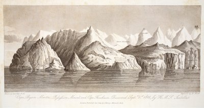 1818年9月1日、HMSイザベラによって発見されたビアムマーティン岬、ポセフシオンマウント、ファンショー岬は、「発見の航海...」 作： John Ross