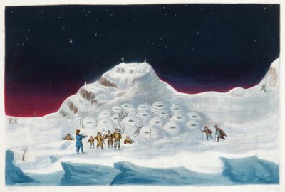 ウィリアムセイ（1768-1834）によって彫刻されたジョンロス卿（1777-1836）による「北西航路を求めての2番目の航海の物語（1829-33）」からのブースのスノーコテージ、ノースヘンドン 作： John Ross