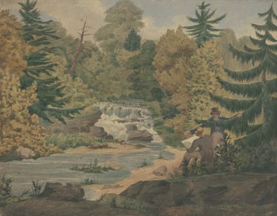 ソーキル川のセカンドフォールズの眺め、1840年頃（水彩紙と織り紙のインク） 作： John Rubens Smith