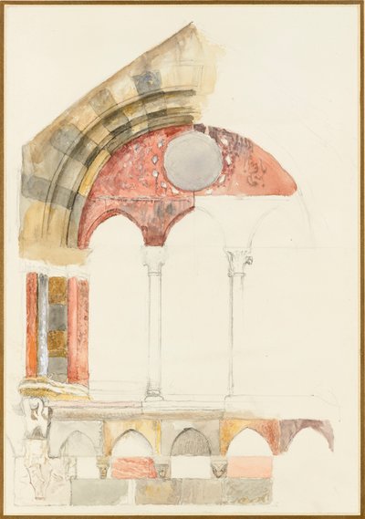ブロレットの窓、コモ：大理石をはめ込む方法を示すカラーの素早いスケッチ、1869年 作： John Ruskin
