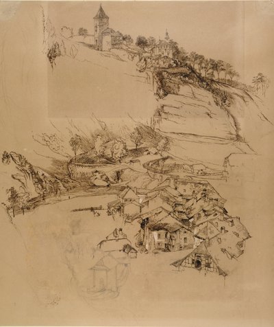 スイス、フリブール。ペンによるスケッチ、1856年7月または8月～9月 作： John Ruskin