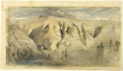 モン・サレーヴ、1840年頃（クリーム色の布帛紙に黒鉛の上に水彩、クリーム色の布帛紙に敷く） 作： John Ruskin