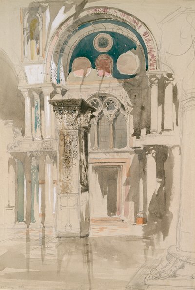 ヴェネツィア、サン マルコ寺院の一部: 雨上がりのスケッチ、1846 年 5 月 27 日 作： John Ruskin