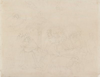 「ヨブの友」のフレスコ画の一部の鉛筆の輪郭、1845 年 作： John Ruskin
