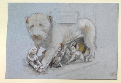 1870 年 6 月、ニコラ ピサーノのシエナ説教壇から雌ライオンと子グマのスケッチ 作： John Ruskin