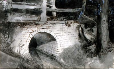 小さなレンガ造りの橋（紙に水墨画） 作： John Ruskin
