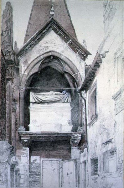 カングランデ1世の墓、サンタ・マリア・アンティカ、ヴェローナ（鉛筆・水彩・紙） 作： John Ruskin