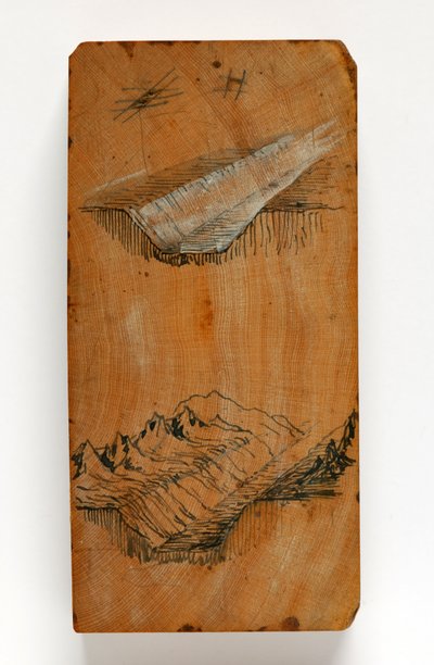 シャモニーの谷の塹壕と塹壕の上の峰々 1856年頃 （木にペン、インク、水彩） 作： John Ruskin