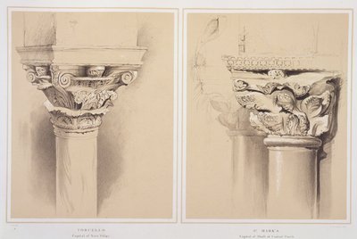 1851年にG.ローゼンタールによって彫刻されたジョンラスキンによる「ヴェネツィアの建築の例」からの中央ポーチからの首都である身廊柱とセントマークの首都トルチェッロ 作： John Ruskin
