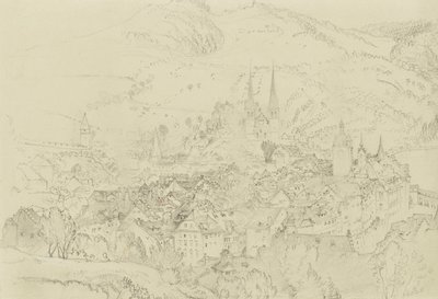 上から見たルツェルンの風景、1861年10月〜12月（淡いグレーの織紙にペンとインクのタッチが入ったグラファイト 作： John Ruskin